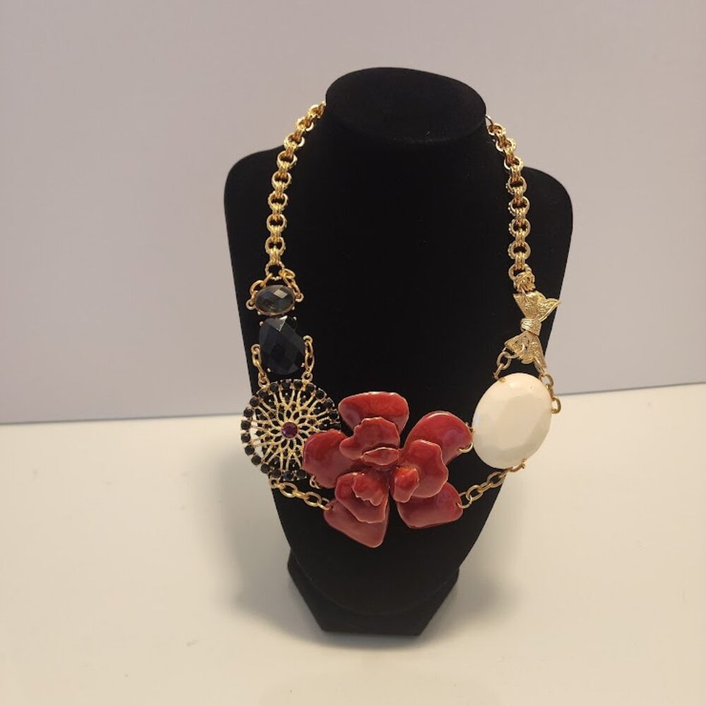 Bebe Chunky Gold Chain Red Flower Statement Necklace